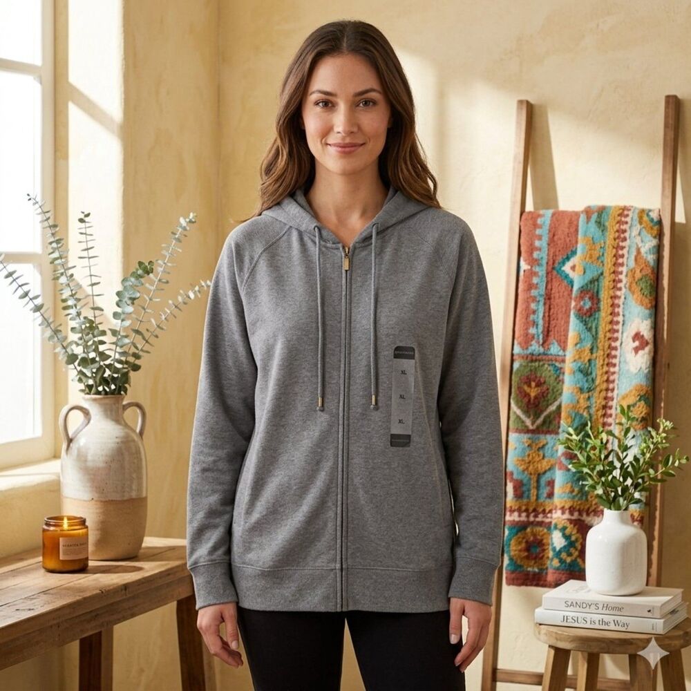 Liz Claiborne Womens XL Gray Full Zip Hoodie Jacket Stretch NWT Athleisure